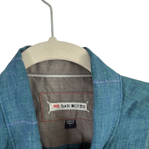 32 Bar Blues Blue Plaid 100% Linen Short Sleeve Button Down Shirt Mens Large - Picture 3 of 5